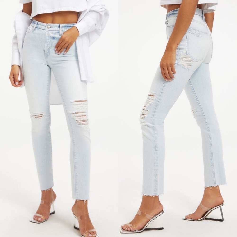 GOOD AMERICAN GOOD CLASSIC INDIGO120 High Waisted SZ 27 4 light wash cheeky rip